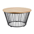 Moderne ronde salontafel met houten blad en metalen onderstel**