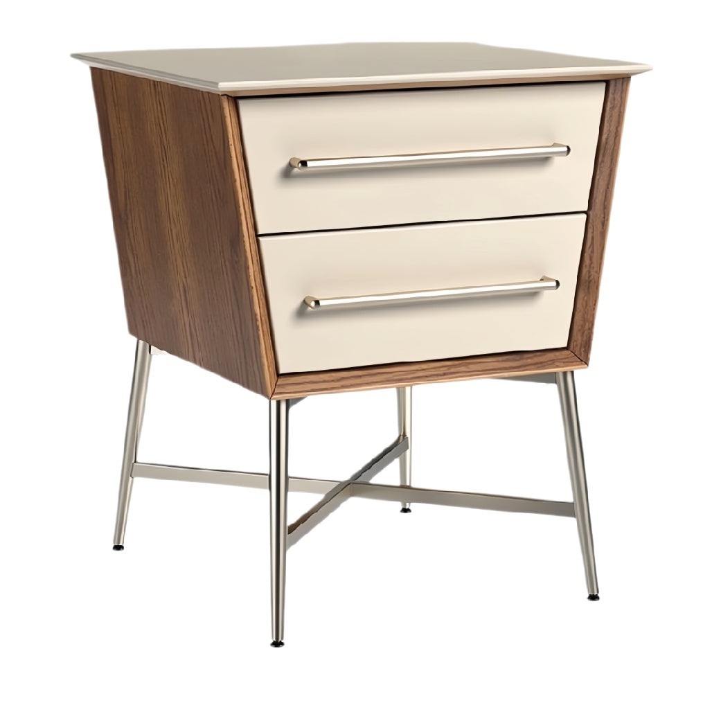 ** Moderne nachtkast met houten afwerking en metalen poten