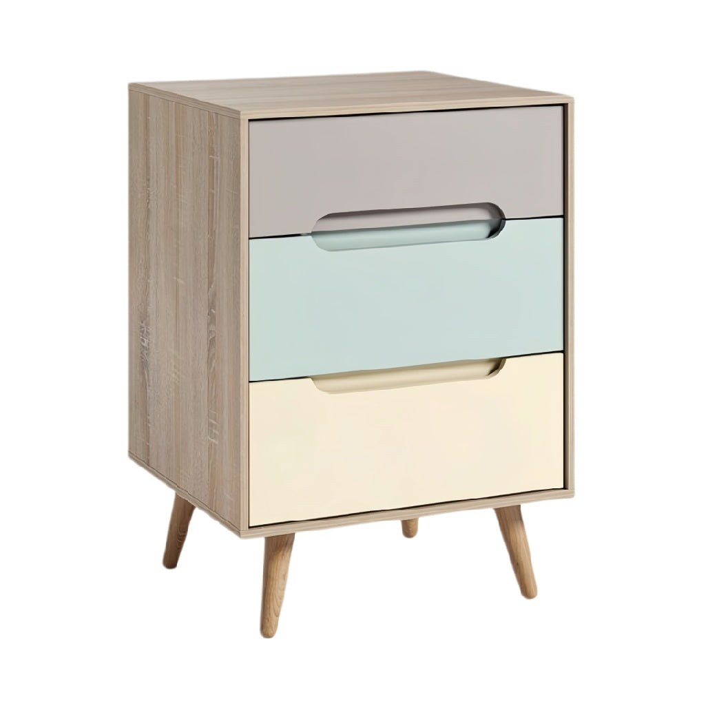 **Moderne ladekast met gekleurde lades en houten poten**