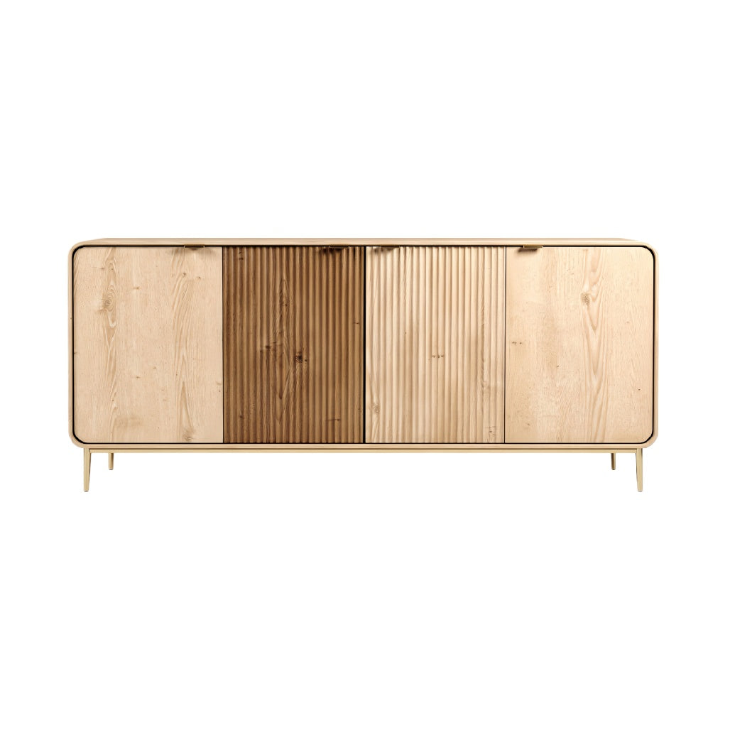 Moderne houten sideboard met geribbelde en gladde elementen"**